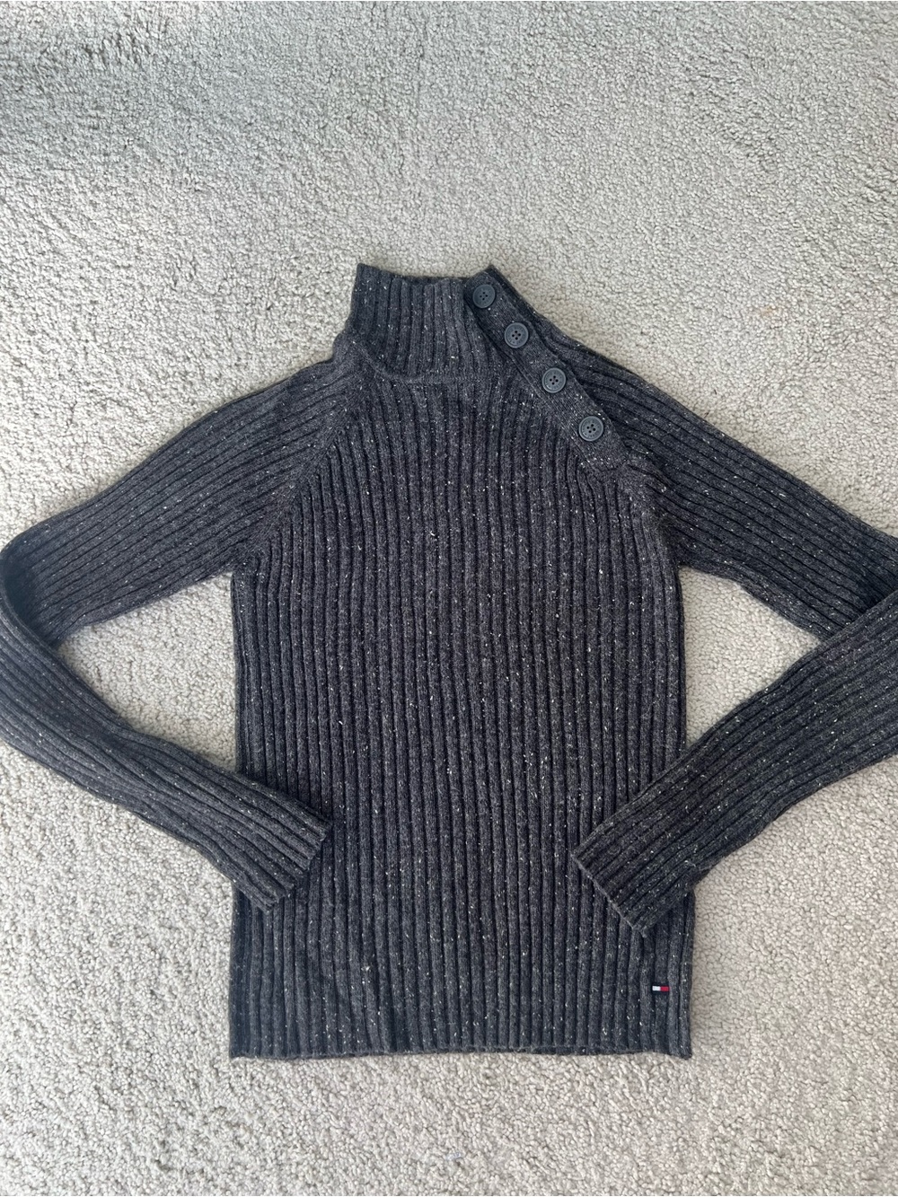 Vintage Tommy Jeans Ribbed Knit Turtleneck Sweater Charcoal Fleck Grey Size L